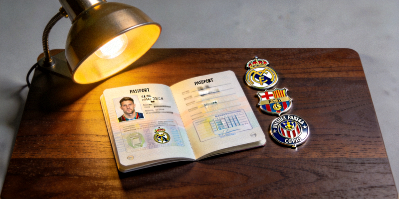足球转会市场分析报道配图 - 象征球员转会的护照与俱乐部徽章摆放在桌上